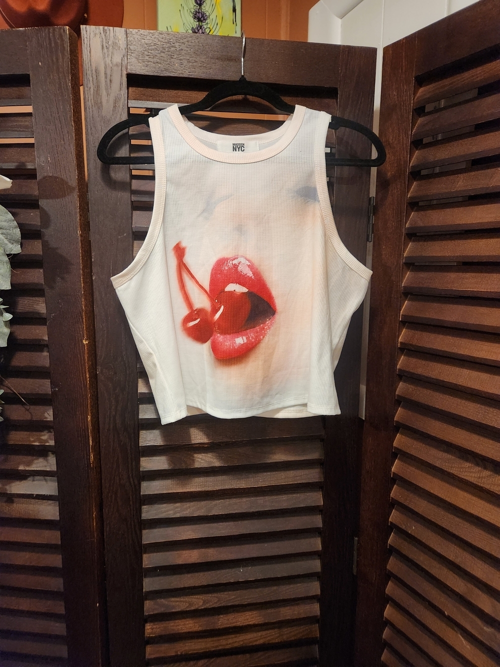 NYC White Ribbed Tank with Red Cherry & Lip Graphic